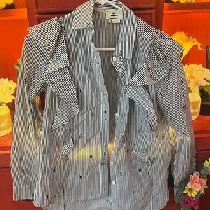 kate spade Black and White Striped Ruffle Button-Up Top